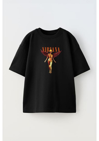 Thewert Unisex Nirvana Melek Tasarım Baskılı Pamuk Sıyah Oversize T-shirt Siyah