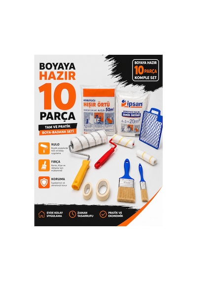 10 Parça Komple Boya Badana Seti Rulo, Kestirme Fırçaları Ve Bantları, Izgara Ve Koruma Örtüsü Yedek Rulo