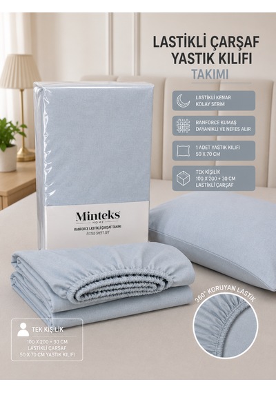 Minteks Ranforce Tek Kişilik Fitted Lastikli Çarşaf Seti Açik Mavi