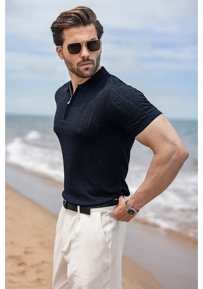 Madmext Lacivert Regular Fit Polo Yaka Triko Erkek Tişört E7503