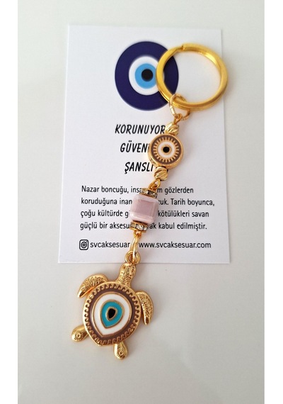 Hediyelik Nazar Boncuklu Bej Kaplumbağa Anahtarlık 10,5 Cm