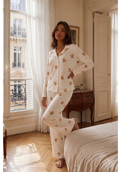 Fit Women Kadın Gömlek Yakalı Rahat Ev Giyimi Beyaz Pijama Takımı
