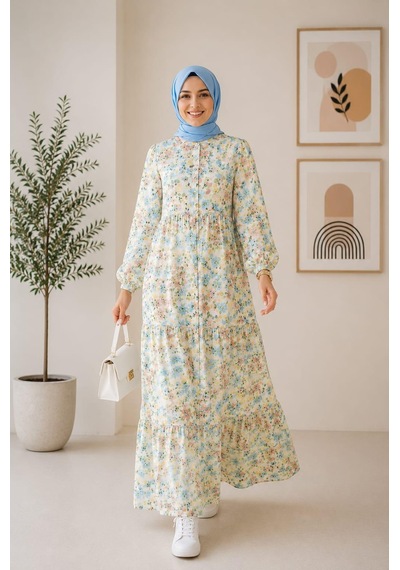 Hb Harma Time Butik Kadın Düğmeli Desenli Modal Kumaş Bej Elbise