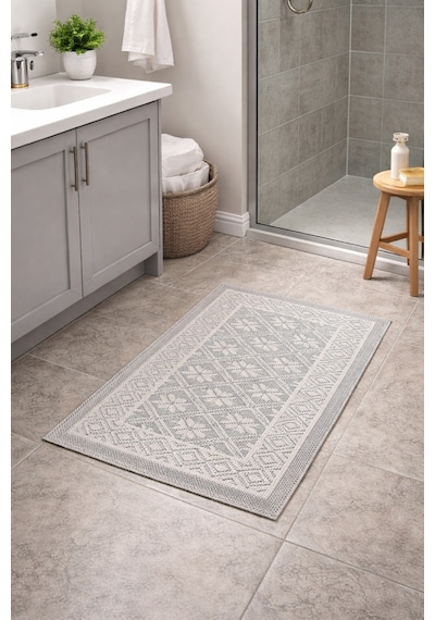 Modern Dokuma Desenli Kaymaz Taban Banyo Paspası 50x80 Cm Bej