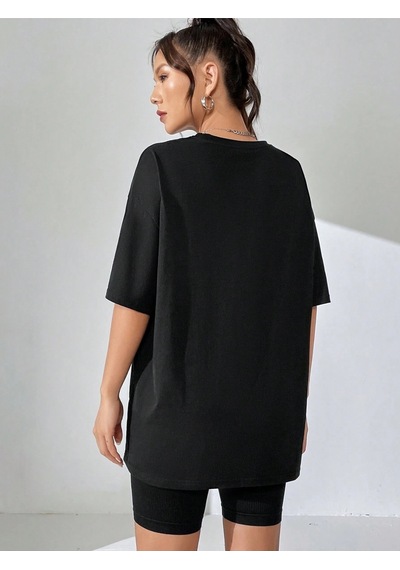 Energetic Yazılı T-shirt - Siyah Baskılı Oversize Bisiklet Yaka Kısa Kol Tişört Siyah