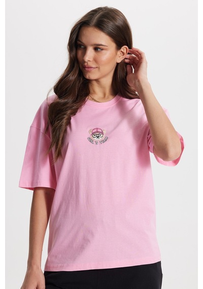 Tudors Kadın Oversize Geniş Kesim %100 Pamuk Bisiklet Yaka Kısa Kollu Baskıllı Pembe Tişört -50801