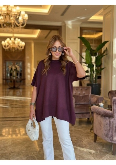 Zennamoda Kadın Bisiklet Yaka Kısa Yarasa Kollu Yanları Yırtmaçlı Oversize Dökümlü Merserize Bluz Bordo Zennamoda Kadın Bisiklet Yaka Kısa Yarasa Kollu Yanları Yırtmaçlı Oversize Dökümlü Merserize Bluz Bordo