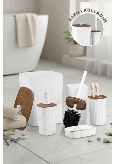 Safir Beyaz Ahşap Desenli Çizgili Banyo Seti 5 Parça Plastik