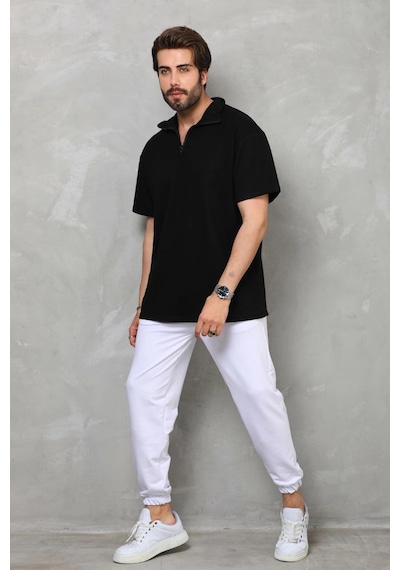 Novalisse Erkek Yarım Fermuarlı Düz Oversize T-shirt - Siyah Çoklu Renk