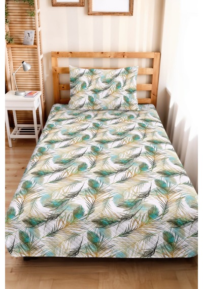 Turkuaz Tüy Bohem Tek Kişilik Dekoratif Pike Takımı - Gold Bohem 160x220 Cm Kapitone Yatak Örtüsü Bulanık Çiy Masalı