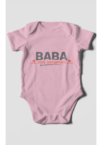 Morivokids Baba, Seni Seviyorum Kısa Kollu Bebek Body %100 Pamuk Koyu Pembe