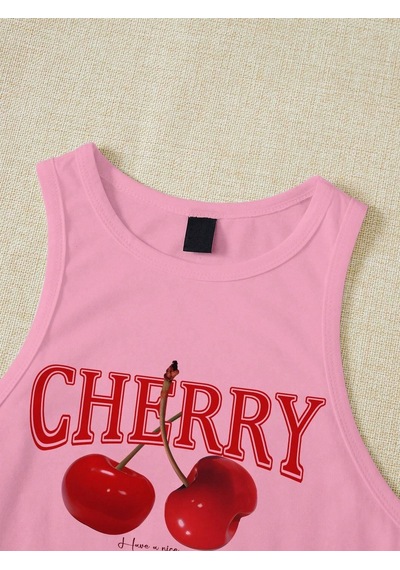 Afri Kadın Pembe "Cherry" Baskılı Kolsuz Crop Atlet - Yazlık Sokak Stili Pembe
