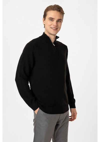 Back And Bond Siyah Regular Fit Desenli Dik Yaka Yarım Fermuarlı Triko Kazak