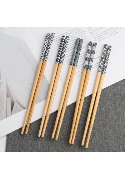 Valkyrie 5 Çift Doğal Ahşap Yemek Çubuğu Seti Japon Desenli Kaymaz Uçlu Kutulu 22,5cm Chopstick Seti