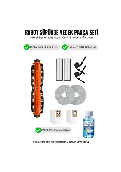 Robot Vacuum 5 Ov31gl İle Uyumlu 1 Ana Fırça 2 Yan Fırça 2 Filtre 2 Mop 1 Deterjan 2 Toz Torbası 7.0