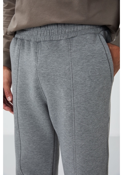 Tommy Life Gri Melanj Pamuklu Kalın İçi Tüylü Yumuşak Dokulu Oversize Nakışlı Erkek Eşofman Altı -82146 GB MELANJ