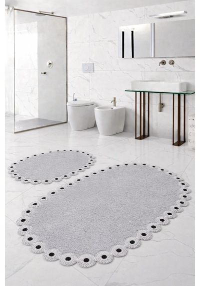 Gülruba Oval Beyaz Çeyizlik Dantelli 2'li Banyo Paspası Seti Kaymaz Tabanlı Klozet Takımı Beyaz