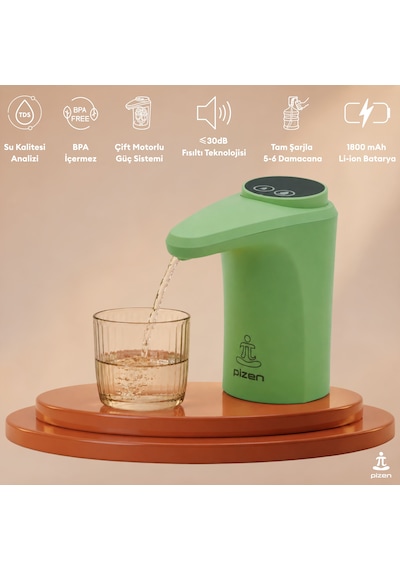 Pizen Flow Usb Şarjlı Otomatik Damacana Su Pompası Tds Ölçer 250ml 500ml 1l 2l Ölçü Özellikli Yeşil