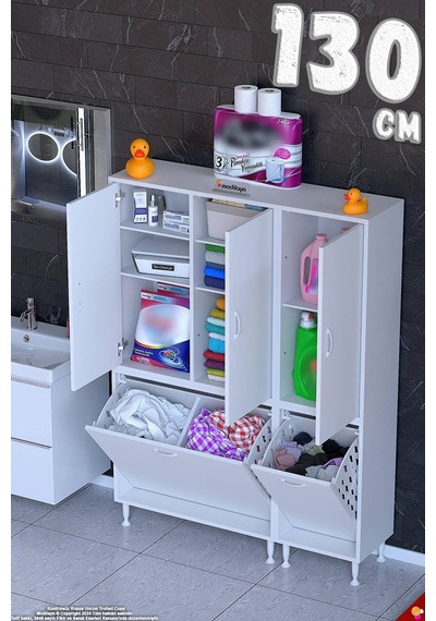 Duru 130 Cm Maksimum Kapasiteli Çamaşır Sepetli Banyo Dolabı - Beyaz 85+45 X160x32 Cm