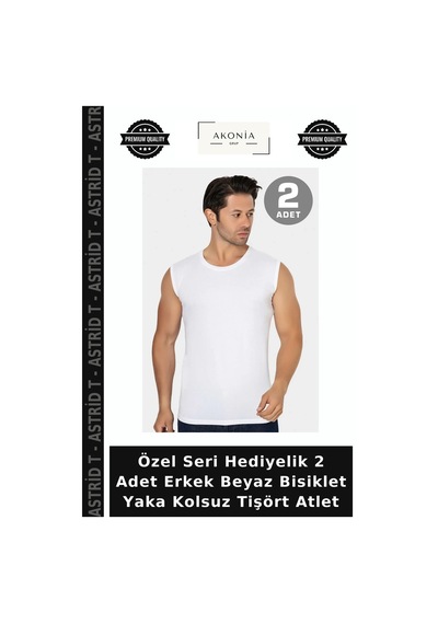 Astrid T Özel Seri Hediyelik 2 Adet Erkek Beyaz Bisiklet Yaka Kolsuz Tişört Atlet Beyaz 2