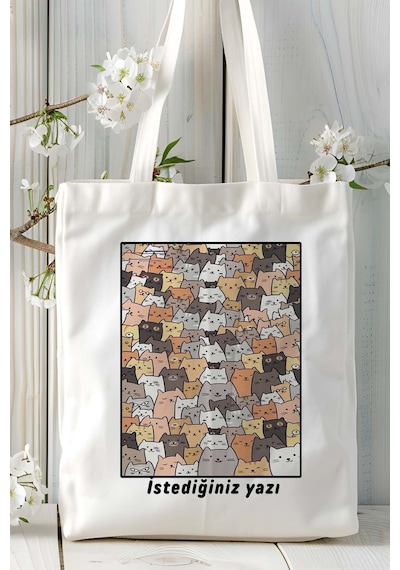 Art Hediye Retro Kedi Baskılı Bez Çanta Omuz Çantası Kişiye Özel Model 18 Çok Renkli