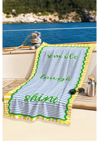 Çizgili Motto Yazılı Plaj Havlusu - Modern Marine Sarı Mavi Hızlı Kuruyan Mikrofiber Havlu Uçuk Papatya