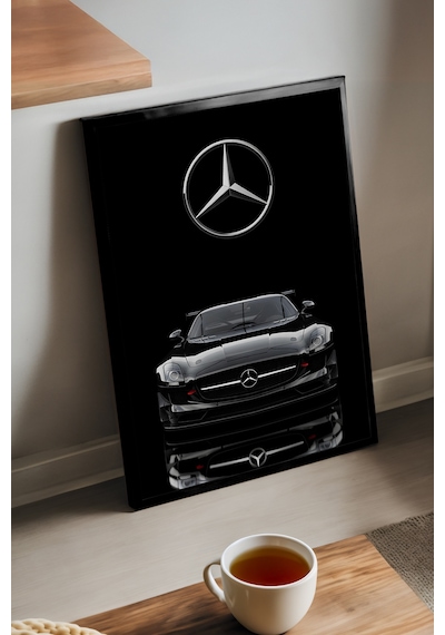 Mercedes Benz Sls Siyah Ahşap Çerçeveli Poster, Dekoratif Araba Duvar Tablosu