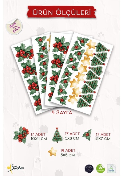 Kokina Çiçeği 2 Yılbaşı Süsü Yılbaşı Sticker Yılbaşı Hediyesi Cam Duvar Sticker Seti Dijital Baskı