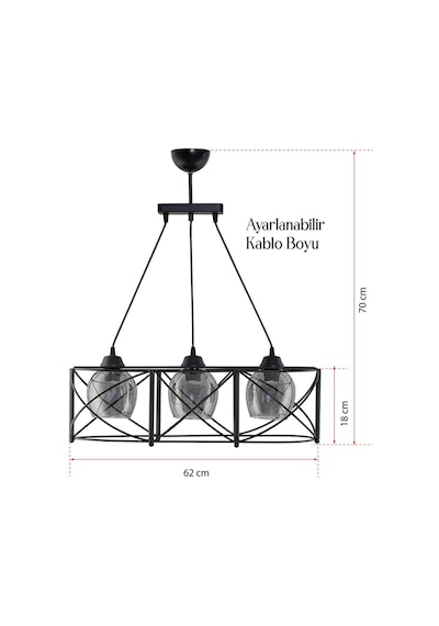 Üçlü Curva Sıralı Metal Avize Füme Rengi Camlı Siyah