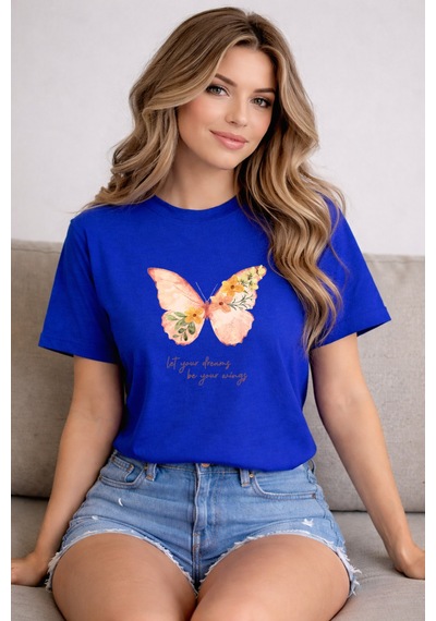 Herkesemoda Kelebek Baskı Detaylı Basic T-shirt Mavi