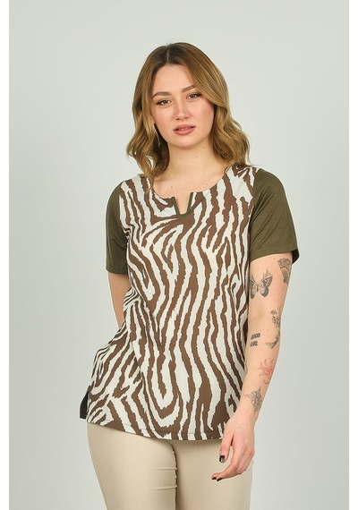 Ella Camelia Kadın Zebra Desenli Kısa Kol Bluz 20e016 Haki