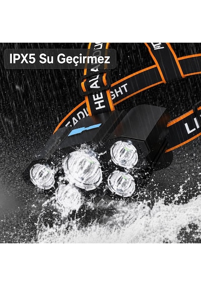 Usb Şarjlı 5 Led Kafa Feneri Ipx5 Su Geçirmez 3 Aydınlatma Modlu Güçlü Işık Kamp Av Balıkçılık Koşu Ve Tamir İşleri İçin Yüksek Parlaklık Ayarlanabilir Baş Bantlı Uzun Ömürlü Acil Durum Işık Turuncu