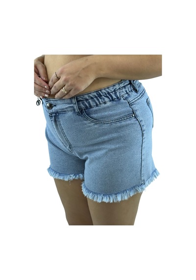 Büyük Beden Lastikli Yüksek Bel Püsküllü Kısa Denim Cepli Kadın Şort Mavi