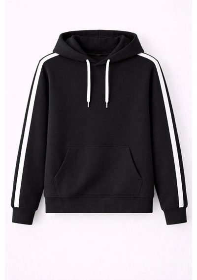 Barlashive Erkek Şeritli Kapüşonlu Sweatshirt Oversize 3 İplik Pamuklu Hoodei - Siyah Çok Renkli