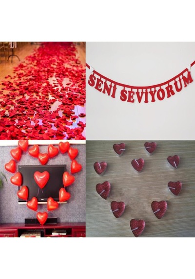 Evlilik Yıl Dönümü 500 Gül Yaprağı Kalp Balon+mum +yıldönümü Yazı