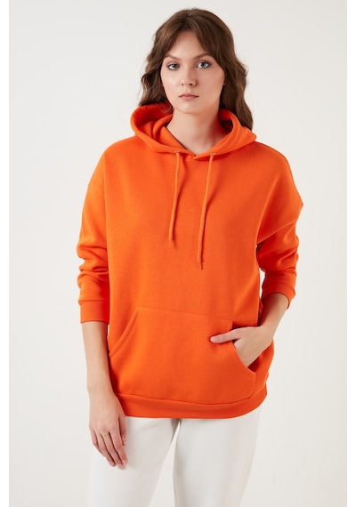 Lela Regular Fit Pamuklu Kapüşonlu Yaka Şardonlu Kışlık Bayan Sweat 5863854 Oranj