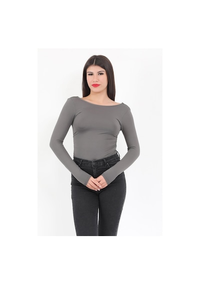 Giysa Kadın Füme Sırt Dekolteli Uzun Kollu Çıtçıtlı Esnek Zıbın Body - 2440 Füme
