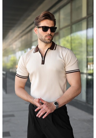 Madmext Taş Rengi Yarım Fermuarlı Polo Yaka Triko Erkek Tişört E7501