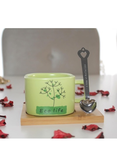 Hayat Ağacı Desenli Mıknatıslı Bambu Stantlı Gerçek Seramik Kahve Kupası Fincan Seti Kupa Mug 200 Ml 001