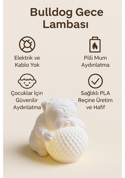 Bulldog Tasarımlı 3d Dekoratif Masa Lambası, Estetik Çocuk Odası Gece Lambası, Tealight 25 X 25 Cm Beyaz