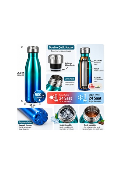 Kale Master 500 Ml Çelik Termos Matara Paslanmaz Çelik Sıcak Soğuk İçecek Termosu, Vakumlu Su Matarası-499 Çok Renkli