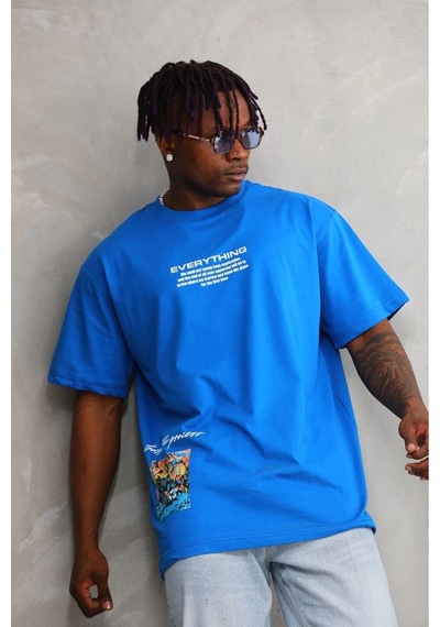 Erkek Bisiklet Yaka Baskılı Oversize T-shirt - Mi Mavi