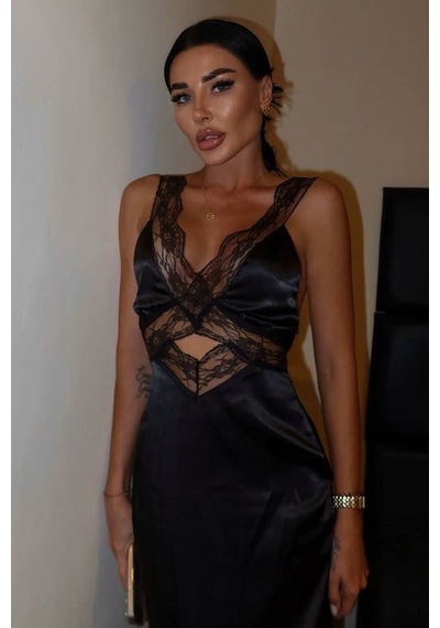 Vika Dantelli Elbise - Siyah