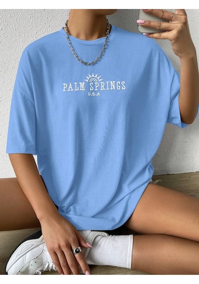 Palm Springs T-shirt - Bebe Mavisi Baskılı Oversize Bisiklet Yaka Kısa Kol Tişört Bebe Mavisi Palm Springs T-shirt - Bebe Mavisi Baskılı Oversize Bisiklet Yaka Kısa Kol Tişört Bebe Mavisi