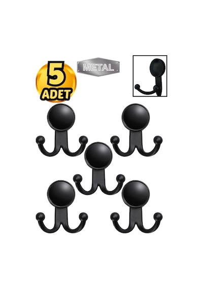Metal Boncuk Askı Siyah Duvar Tipi 5 Li Siyah