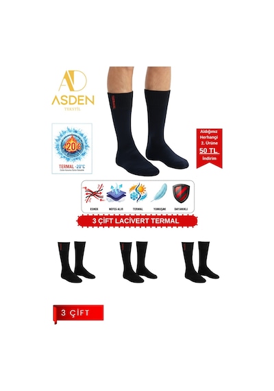 Asden 6 Çift Termal Erkek Çorap Ekstra Kalın Havlu Premium Pamuklu Burun Dikişsiz Kısa Konç Siyah Lacivert3