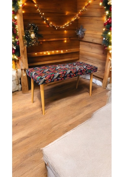 Ahşap Ayaklı Handmade Geniş Oturum Alanlı Düz Kumaş Pofidik Puf Bench, Ayak Ucu Uzatmalık Kuş Tüyü