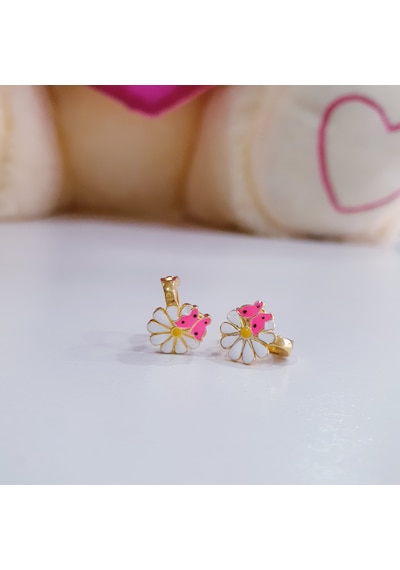 İpsli Mineli Papatyalı Ve Pembe Kelebekli Gümüş Çocuk Küpesi