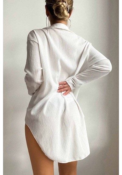 Angelsin Gömlek Görünümlü Likralı Plaj Elbisesi Pareo Cover Up Kimono Beyaz