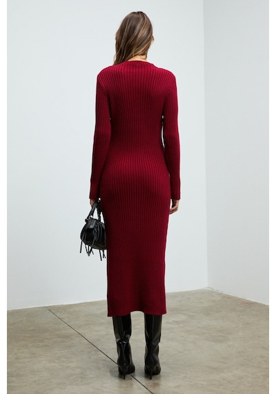 Grımelange Soreya Kadın Yuvarlak Yaka Çizgi Desenli Yırtmaçlı Slim Fit Triko Bordo Elbise Bordo
